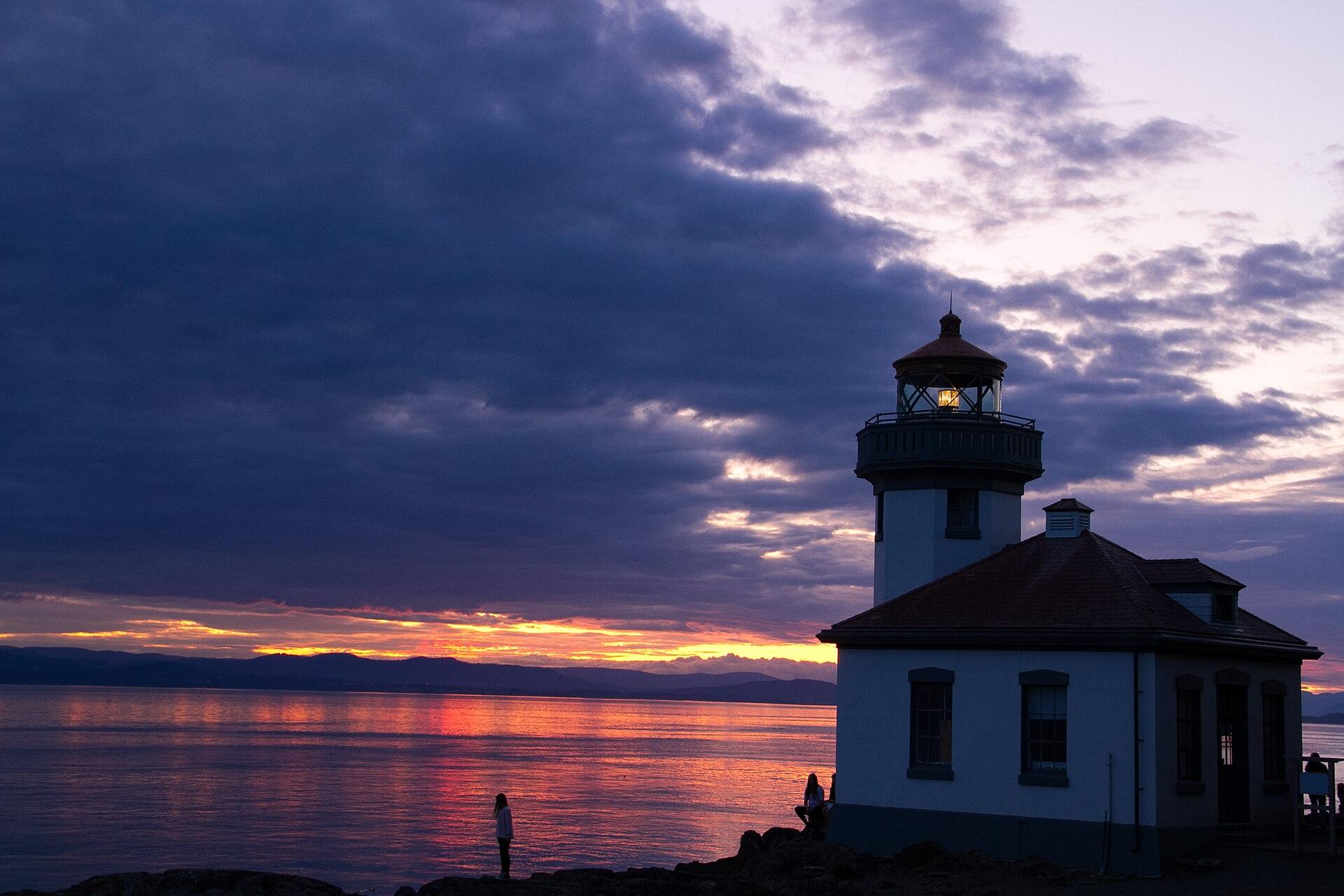 Lime Kiln Lighthouse at sunset on San Juan Island